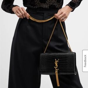 Kate Medium Tassel Black YSL Crossbody Bag in Croc-Embossed Leather